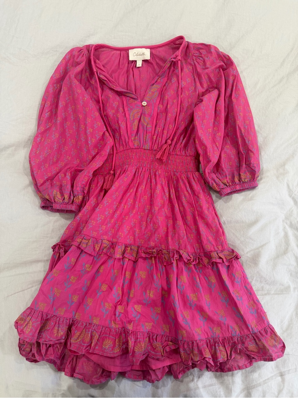 Cleobella Hot Pink Tassel Tie Ruffled Boho Dress
